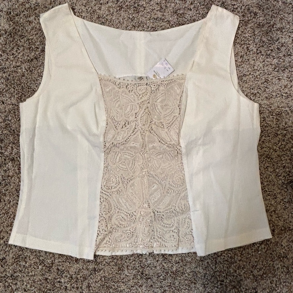E7 São Paulo Fatima Rendas handmade Cream Lace Inset Sleeveless Top, Size L
